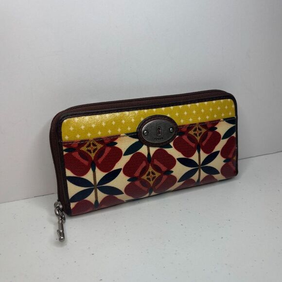 Fossil Key Per Red Yellow Floral Coated Canvas Card Zip Wallet Vintage - Picture 3 of 10